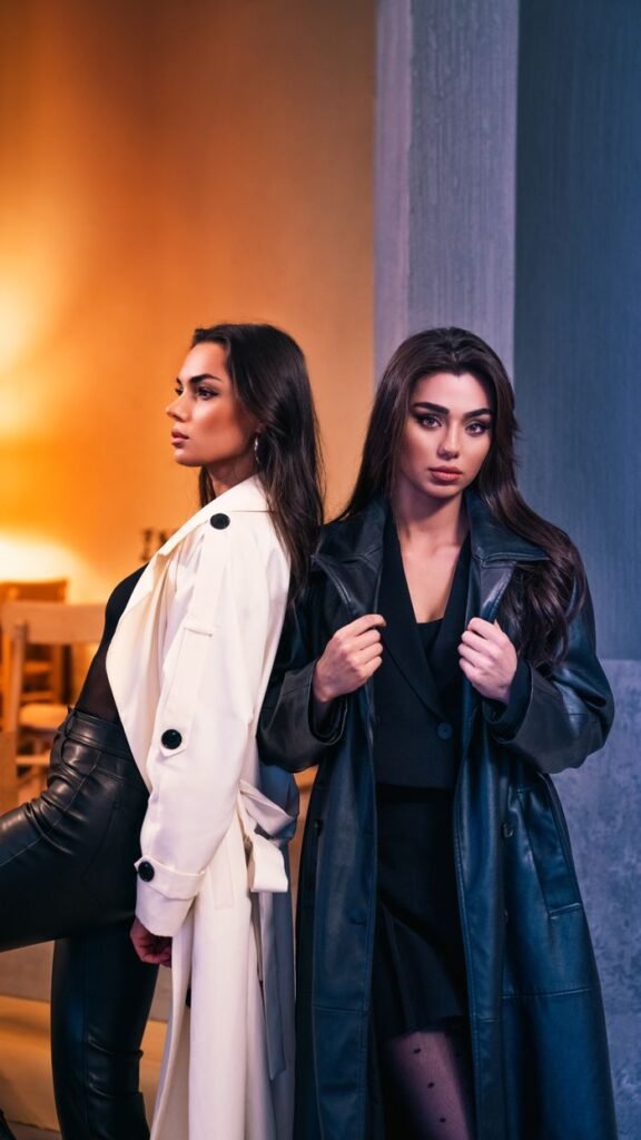 Two fashionable women in elegant leather coats posing indoors, showcasing modern style and confident expressions.